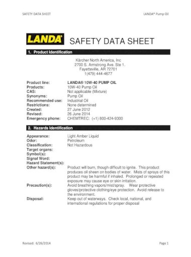 SAFETY DATA SHEET - DATA SHEET LANDA Pump Oil Revised: 6/26/2014 Page SAFETY DATA